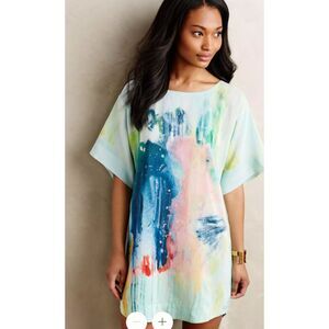 Anthropologie Maeve Women's Painted Silk Tunic Dress Size Large Blue Watercolor